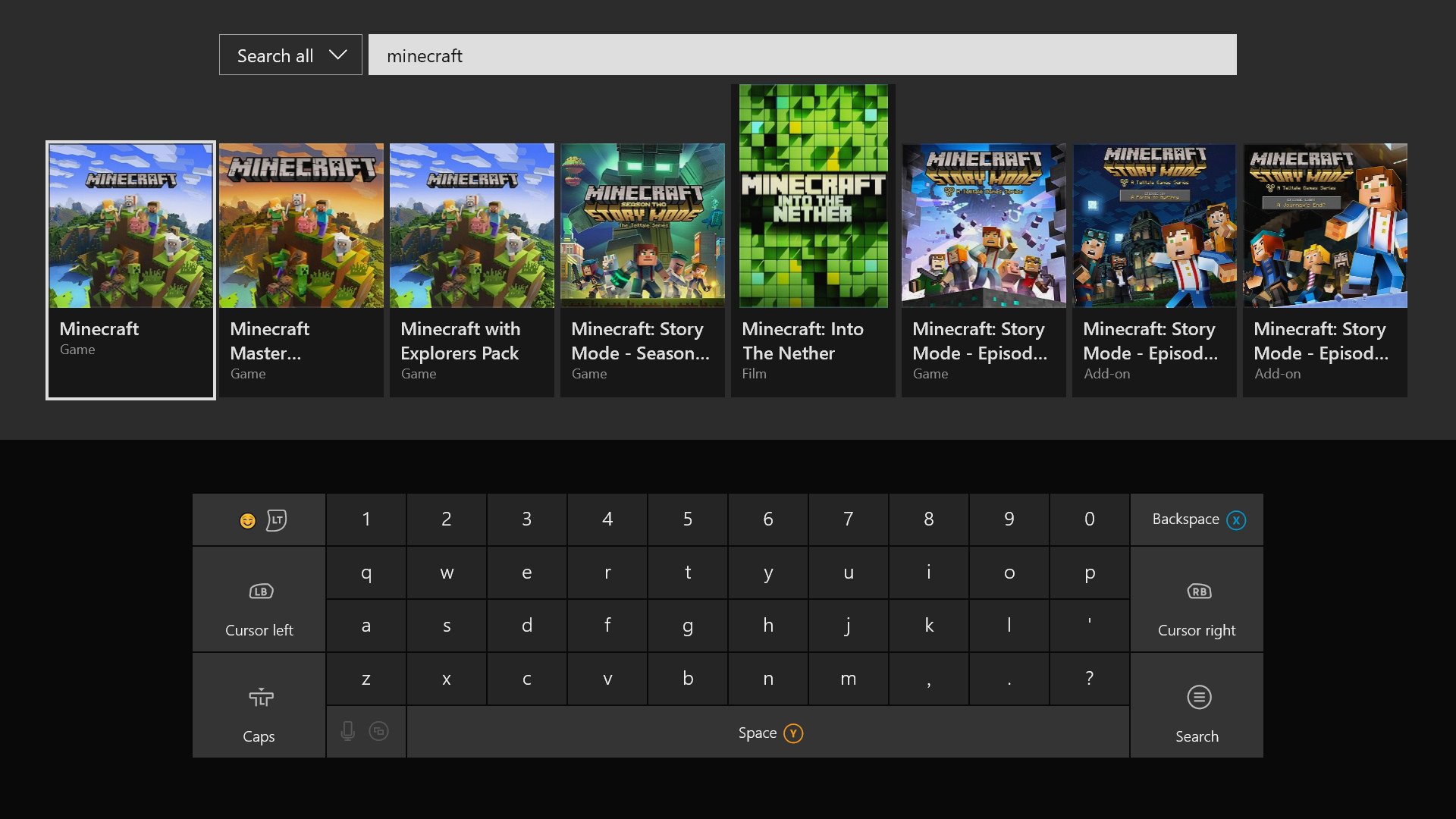 Xbox Search Menu