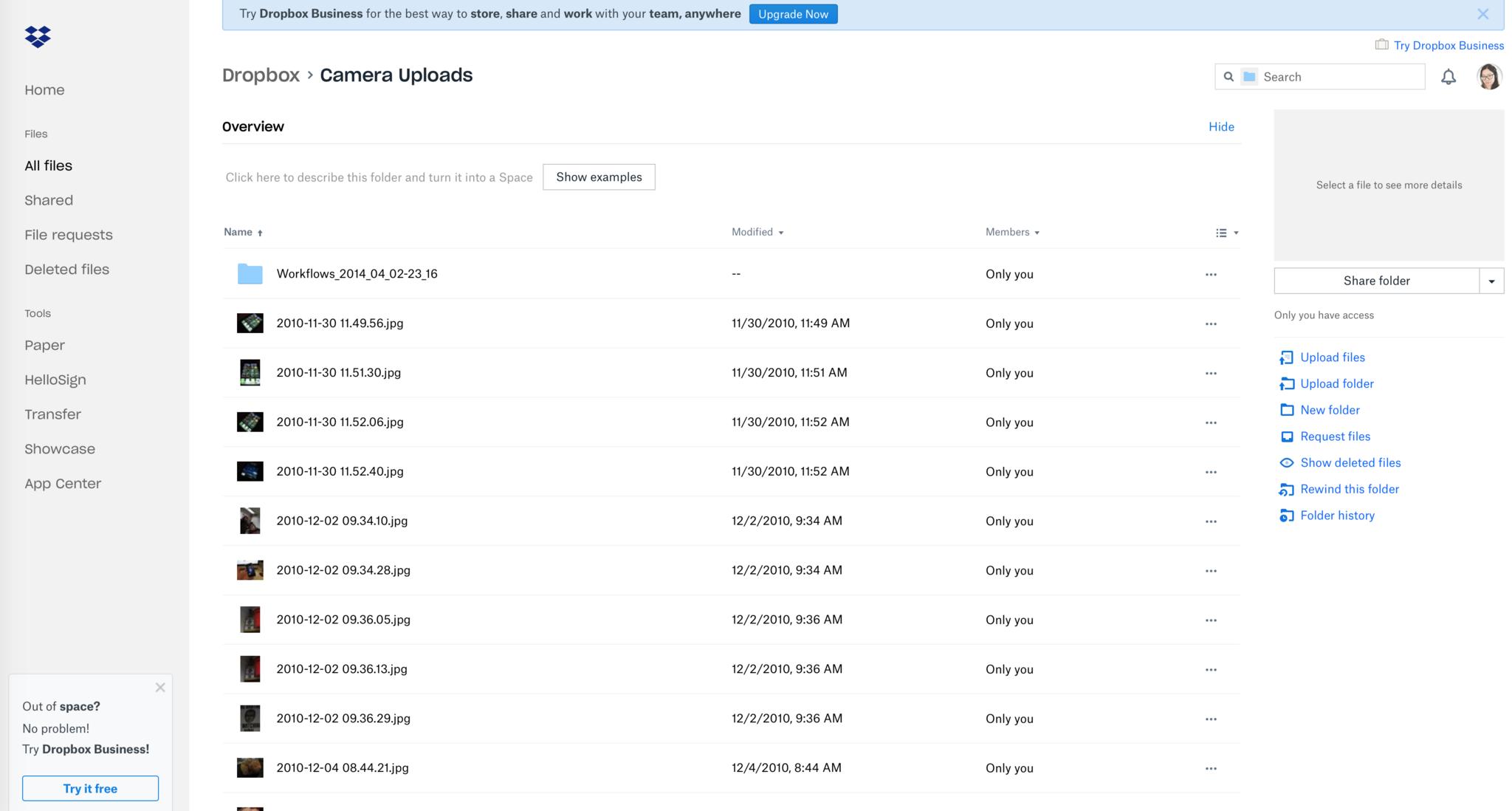 How to use third-party image syncing services with your iPhone or iPad by showing: Dropbox web view of Camera Uploads folder