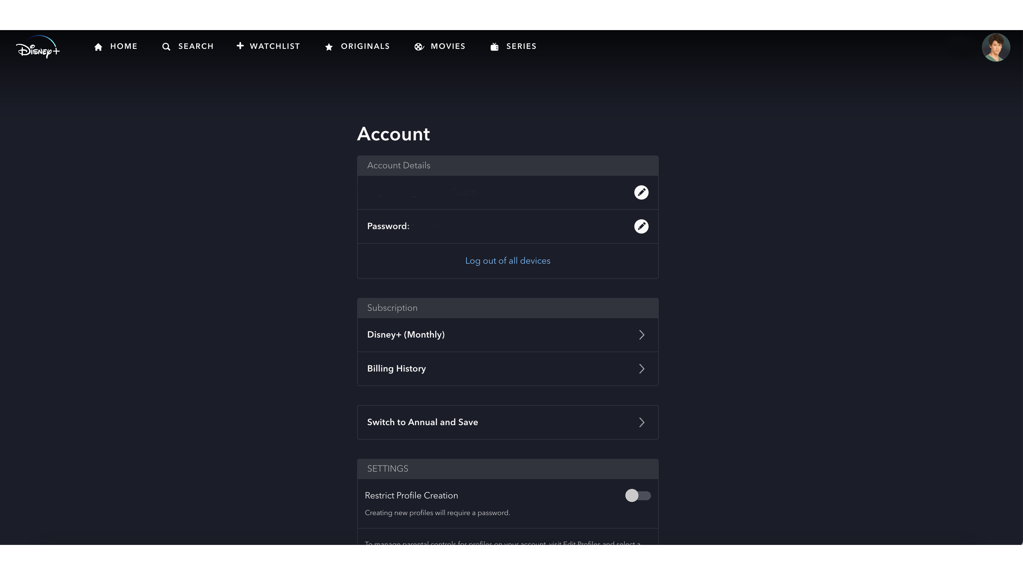 Image of Disney Plus account page