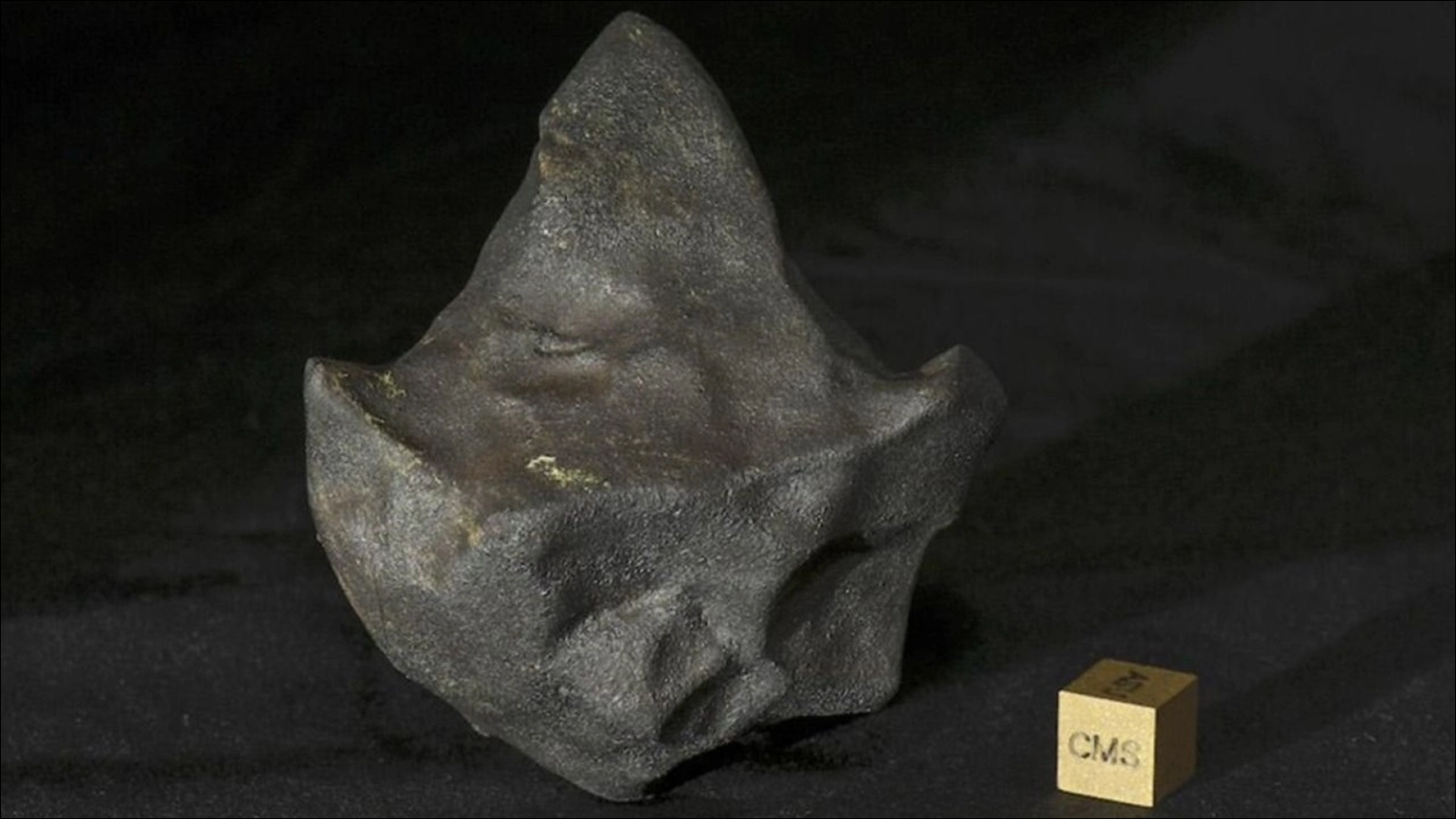 An irregularly shaped chunk of mineral on a black fabric.