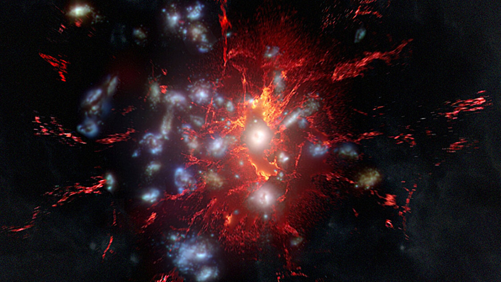 An illustration that looks like fiery cracks in a dark wall.